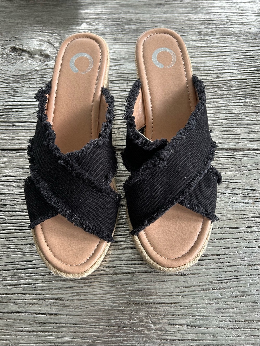 Journee Collection Black Frayed Espadrille Slide Sandals